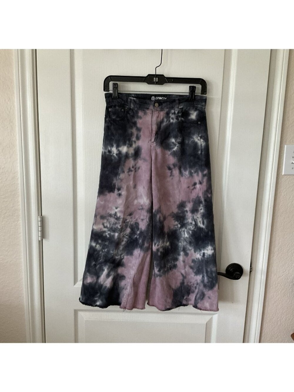 Girls Tractr Tie Dye Jeans Sz 14 Navy Blue Pink White Raw Hem Wide Leg High WAIS